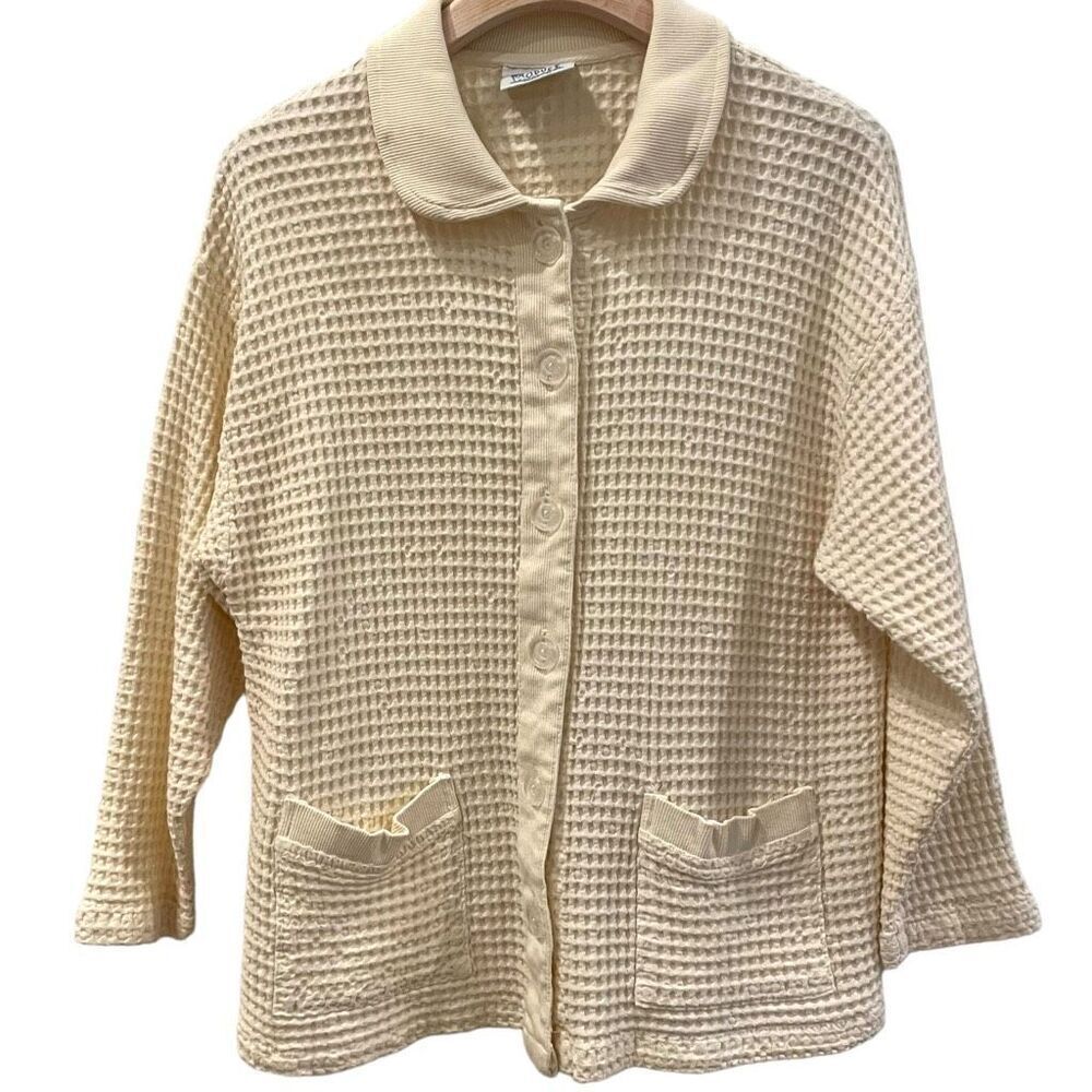 Fresh Produce Cream Lagenlook Fisherman Waffle Knit Button Up Cardigan M Coastal